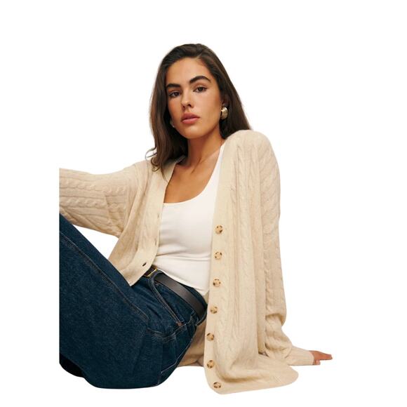 Reformation Giusta Cream 100% Cashmere Oversized Cable Knit Cardigan Sweater XS - Picture 7 of 7